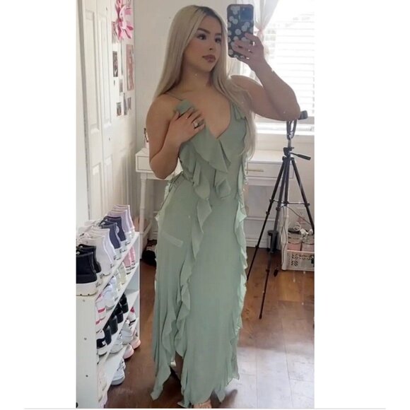 SOLD ZARA NEW WOMAN STRAPPY LONG DRESS RUFFLES ASYMMETRIC HEM SEA GREEN M - Picture 3 of 9
